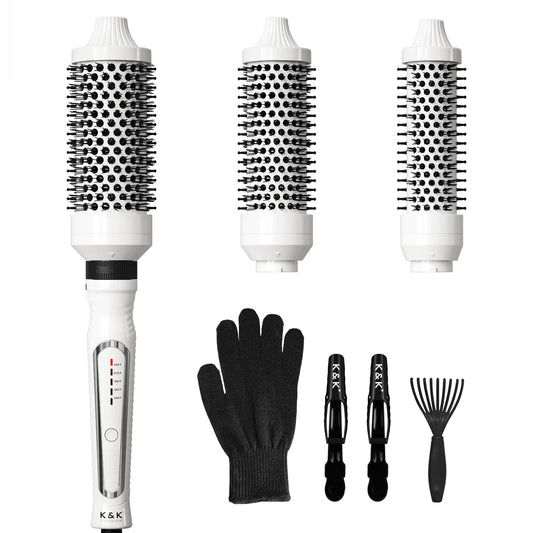 K&K 3 in 1 Thermal Brush Set Ceramic Hot Brush Fast Heating Curling Wand for Short Medium & Long Hair 5 Temperature Adjustment Dual Voltage